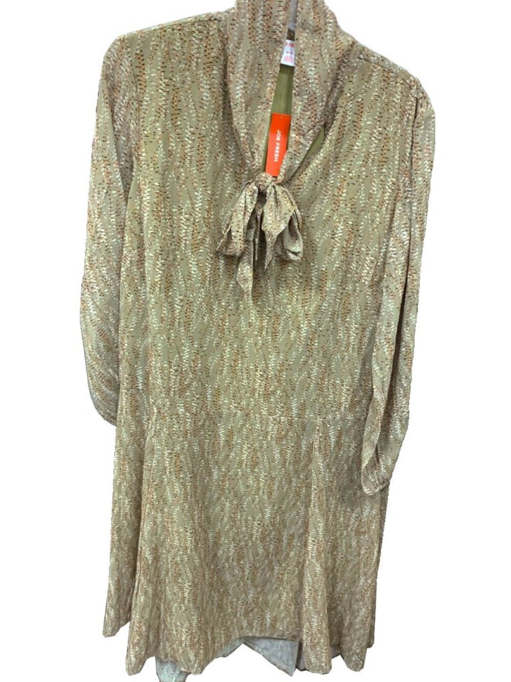 Joe Fresh Patterned Flowy Chiffon Maxi Long Sleeves Dress Necktie in Olive Green - Picture 3 of 4